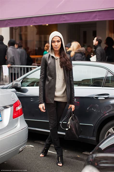 Joan Smalls Love The Light Grey Hoodie Leather Jacket And Eyeliner