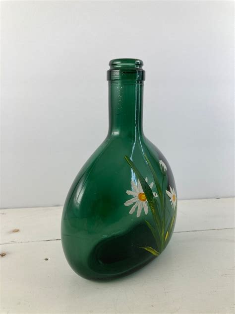 Vintage Emerald Green Glass Vase Wine Bottle With Daisy Etsy