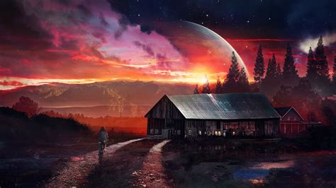 Science Fiction Night House Planet Red Wallpapers Hd Desktop And