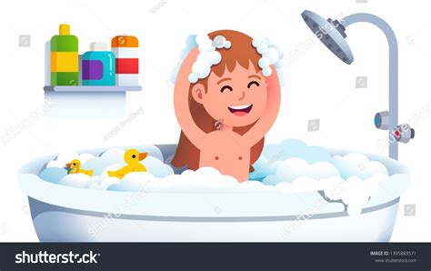 Kid Having Bath Washing Head Body Vector De Stock Libre De Regalías