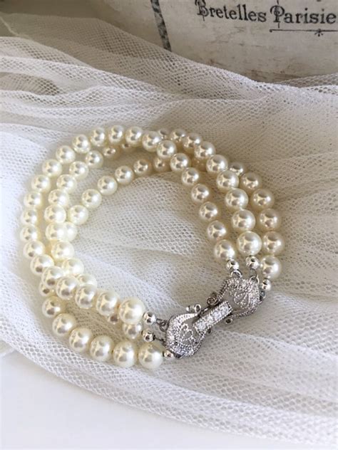 Pearl Bridal Bracelet Pearl Wedding Bracelet Three Strand Etsy