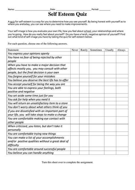 Self Esteem Worksheet For Adults