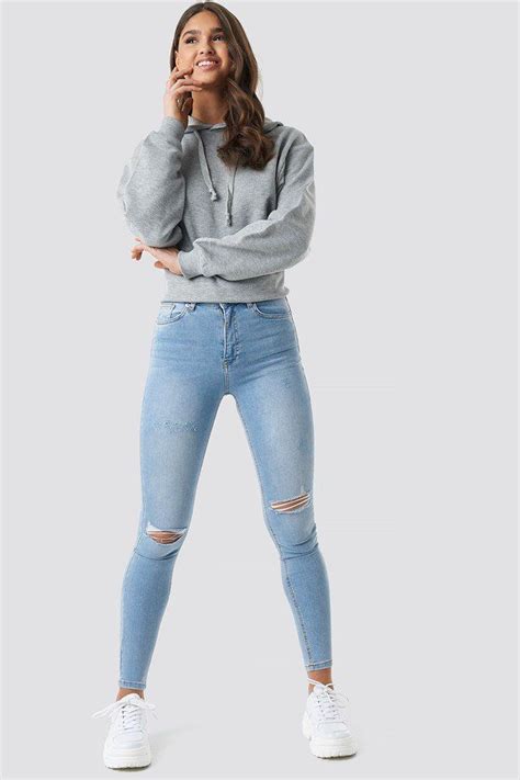 Basic Hoodie Grey Girls Ripped Jeans High Waisted Ripped Shorts