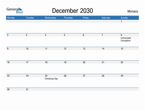 Editable December 2030 Calendar With Monaco Holidays