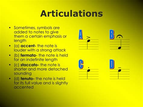 Articulations are the symbols added to the score to show how a note or chord is to be played. PPT - Music Symbols and Notation PowerPoint Presentation, free download - ID:4288514