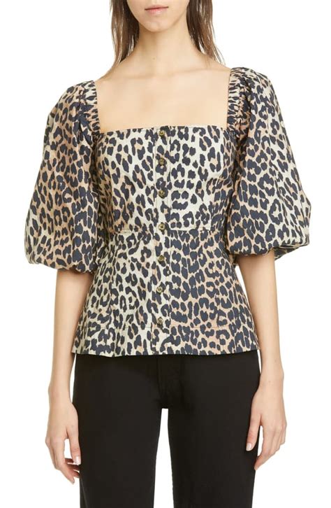 Ganni Leopard Print Puff Sleeve Blouse Best Square Neck Tops Spring