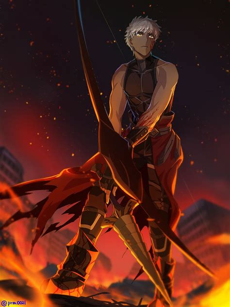 An Anime Character Holding A Bow And Arrow In Front Of A Blazing Cityscape