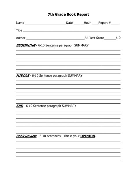 Book Report Template For 7th Graders 1 Templates Example