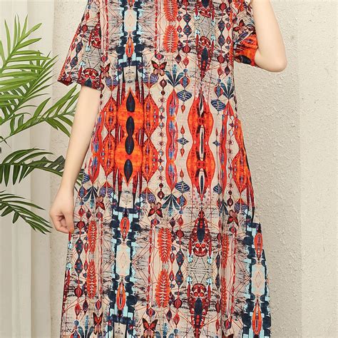 Floral Print A Line Dress Vintage Short Sleeve Crew Neck Loose Dress