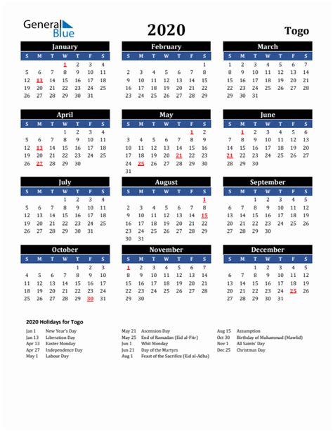 2020 Togo Calendar With Holidays