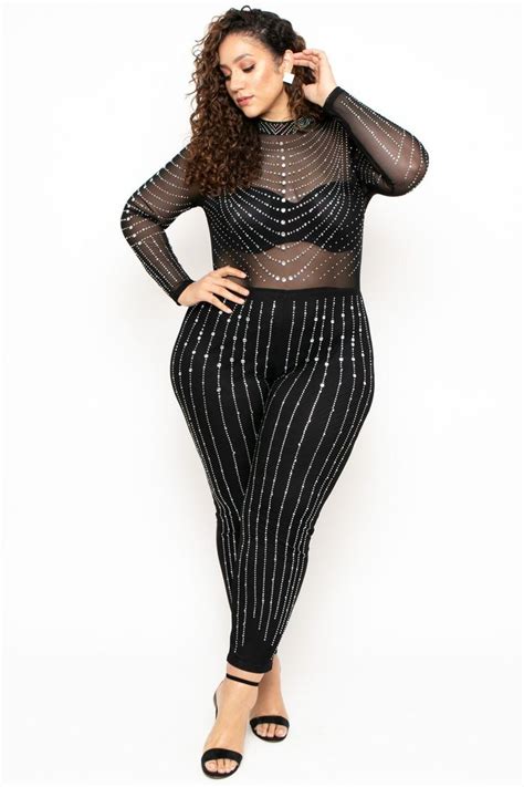 Plus Size 14k Sheer Mesh Rhinestone Jumpsuit Black Costumes For