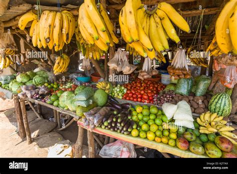 A Typical Ugandan Market Stall With Fresh Fruit And Vegetables On