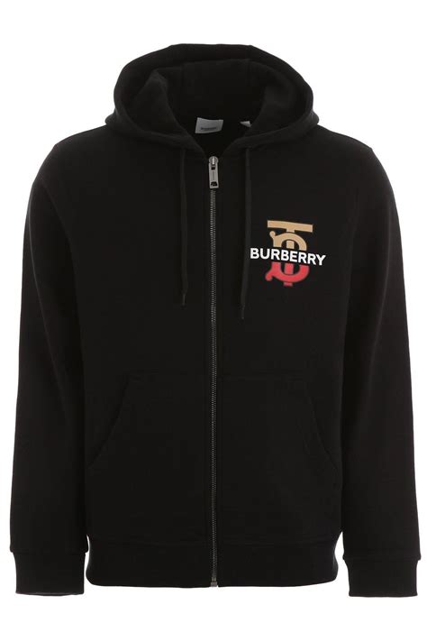 Burberry Cotton Logo Embroidered Zip Up Hoodie In Black For Men Lyst