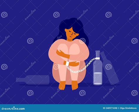 Vector Illustration Of Female Alcoholism With Unhappy Woman Chained To