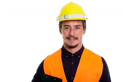 Premium Photo Close Up Of Young Happy Man Construction Worker Smiling