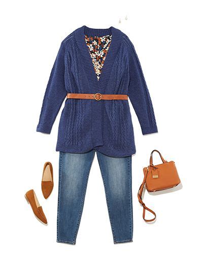 this fall workwear outfit features a plus size blue cardigan denim and floral top plus size