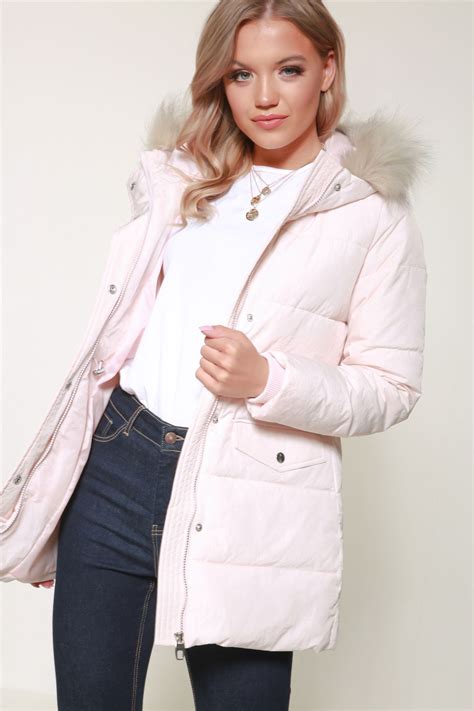 shelikes womens ladies quilted longline winter pink faux fur hooded jacket coat ebay