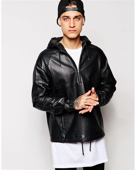 Asos Leather Hooded Pullover Jacket In Black For Men Lyst