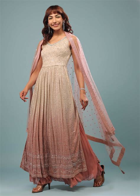 Buy Pink Ombre Embroidered Palazzo Suit Set In Georgette