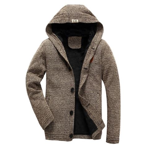 Autumn Winter Mens Cashmere Thermal Hooded Cardigan Casual Button