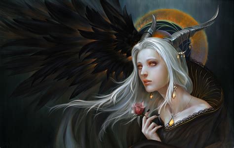 Download Earrings Horns Yellow Eyes Long Hair White Hair Fantasy Demon