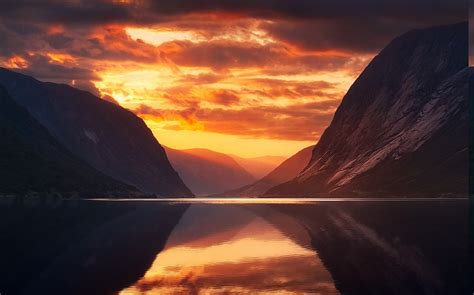 Nature Landscape Fjord Mountain Sky Clouds Norway Midnight