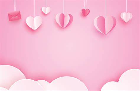 Happy Valentines Day Greeting Cards With Paper Hearts Hanging On Pink