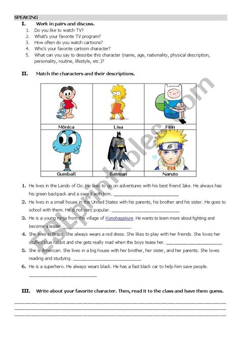 Cartoon Character English Esl Worksheets For Distance Learning And