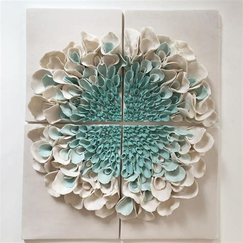 Ceramic Flower Wall Decor Porcelain Blossom Tile White Turquoise