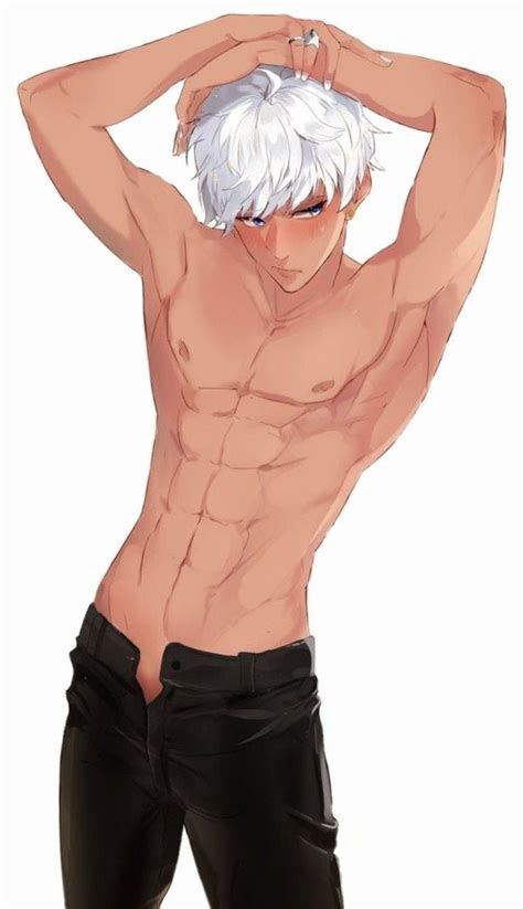 An Anime Man With White Hair And No Shirt Is Holding His Hands On His Head