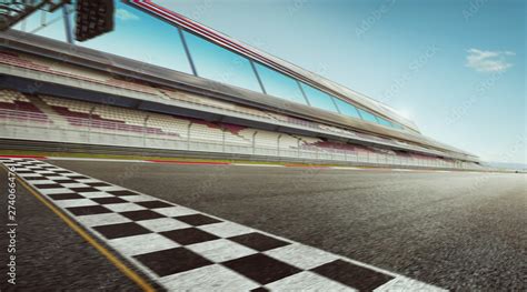 Wide Angle View Empty Asphalt International Race Track With Start And