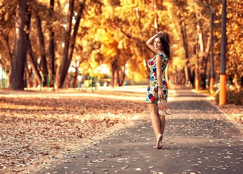 Autumn Girl Walking On Road Beautiful Legs Girl Autumn Field Hd