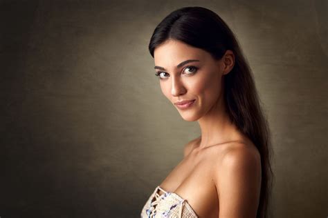 brunette women model looking at viewer smiling bare shoulders hazel eyes long hair portrait