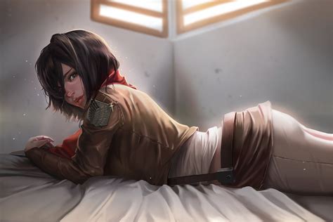 Mikasa Ackerman In Bed Side View Pants Brunette Looking At Viewer Digital Art