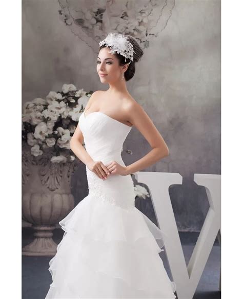 Cross Pleated Long Mermaid Organza White Wedding Dress In Sweetheart