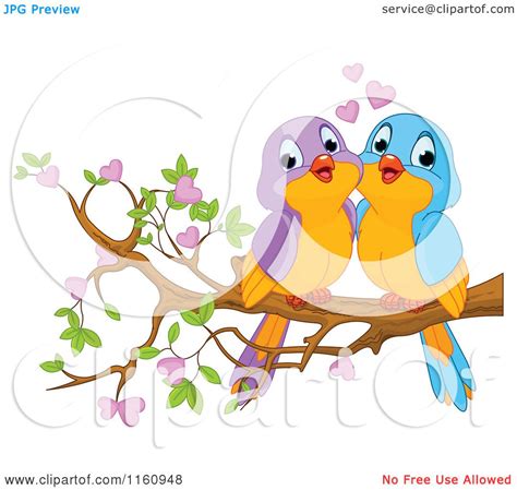 Cartoon Of Cute Valentine Love Birds On A Branch With