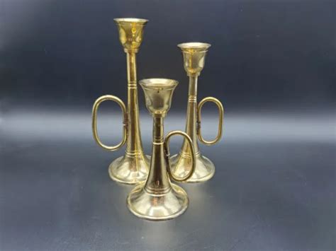 Vintage Solid Brass Bugle Horn Trumpet Candlesticks Candle Holder Decor