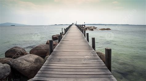 Wooden Pier Next To The Water And Rocks Background Picture Of A Jetty