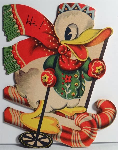 40s Walt Disney Donald Duck On Candy Cane Skis Vintage Christmas