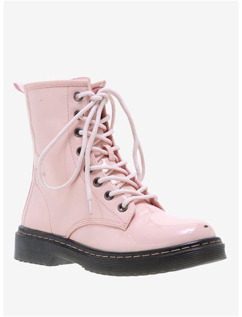 Pastel Pink Patent Faux Leather Combat Boots Hot Topic