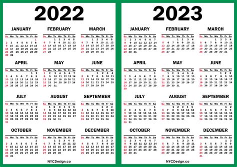 2022 2023 Two Year Calendar Printable Free Green