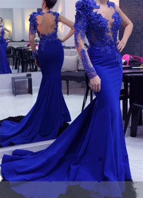 Long Evening Gowns 2019 Mermaid One Shoulder Long Sleeves Beads