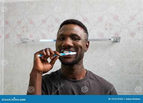 Young Black Man Brushing Teeth Thoroughly Stock Image Image Of Teeth