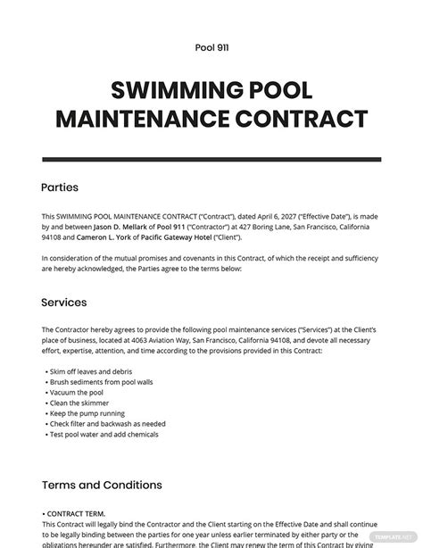 Swimming Pool Maintenance Contract Template Google Docs Word Apple