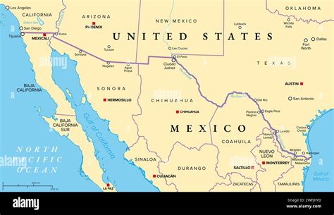 Mexico United States Border Political Map International Border Between