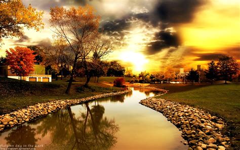 Sunset Clouds Landscapes Nature Trees Autumn Day Rocks Sunlight
