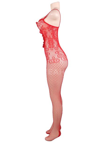 Wholesale Sexy Red Crocheted Fishnet Bodystockings