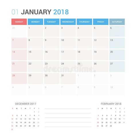 Calendar Planner For January 2018 Vector Design Template Stationary