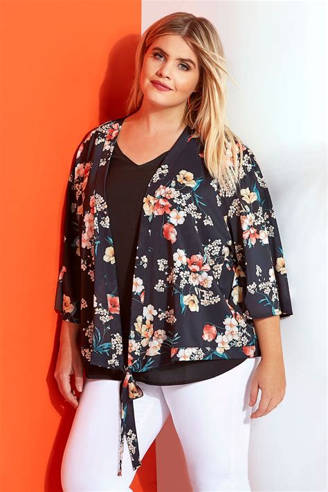 kimono jacke mit blumenmuster schwarz große größen 44 bis 68