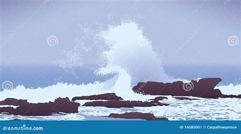 Large Pacific Ocean Wave Crashing Into Rocks Stock Vector